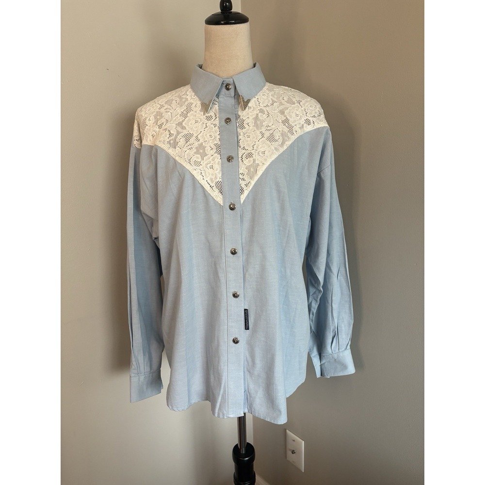 VTG Lilia Smitty Western Blouse 90s Blue White Lace Button Up Collar Tips Medium